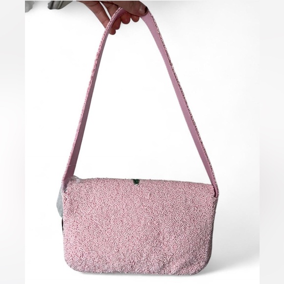 NWT Baby Pink Blue Hydrangea Floral Beaded Shoulder Bag Made in India - Picture 2 of 3